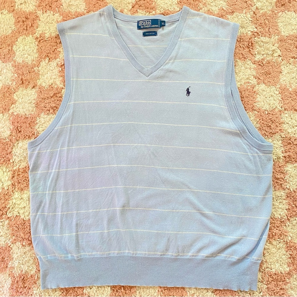 Vintage 90s Polo Ralph Lauren Striped Light Blue Sweater Vest XL